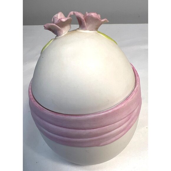 Lefton 1984 Hand Painted Egg-Shaped Trinket Box With Pink Flowers & Bow Design - Picture 3 of 5